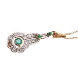 Art Deco-style emerald and diamond pendant with an openwork plaque centred with an emerald