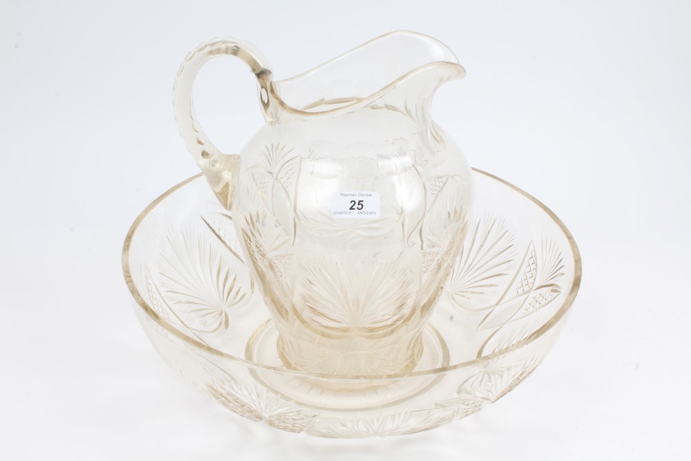 Good quality late Victorian cut glass wash jug and bowl with fan and diamond cut decoration,