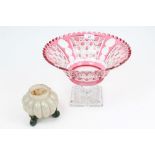Good quality 1920s ruby overlaid glass table centre bowl with hobnail and slice cut decoration,