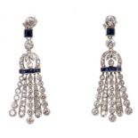 Pair Art Deco-style diamond and sapphire pendant earrings,