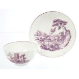 18th century Worcester Hancock purple printed tea bowl and saucer decorated with fishing scenes