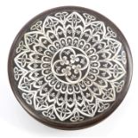 Good quality late 18th century circular horn snuff box with finely inlaid ivory Gothic arch