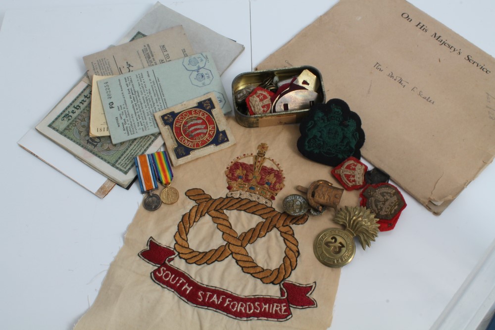 First World War miniature medal pair, various military badges,