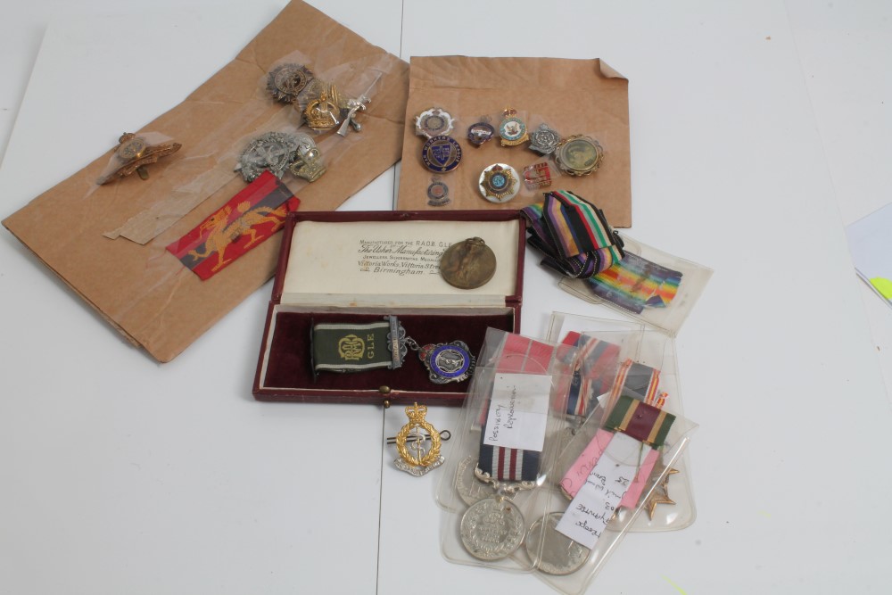 Two First World War medals and lot reproduction medals and lot badges and militaria