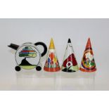 Two Moorland Clarice Cliff-style conical-shape sugar sifters,