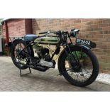 1927 Triumph model N. 500cc motorcycle. Registration no. BF5602. Finished in green and black.