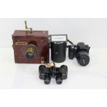 Good quality brass and mahogany plate camera with lens and dark slides and other modern cameras and