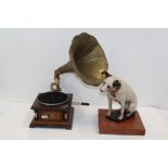 Reproduction HMV gramophone with brass horn and model of Nipper the dog