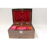 Late Victorian rosewood toilet box with red velvet fitted interior - containing three glass jars