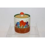 Clarice Cliff Bizarre range hand-painted Crocus preserve pot and cover