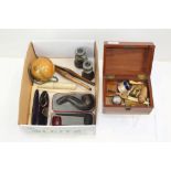 Box containing a collection of miscellaneous items - including Mauchline Ware string box,