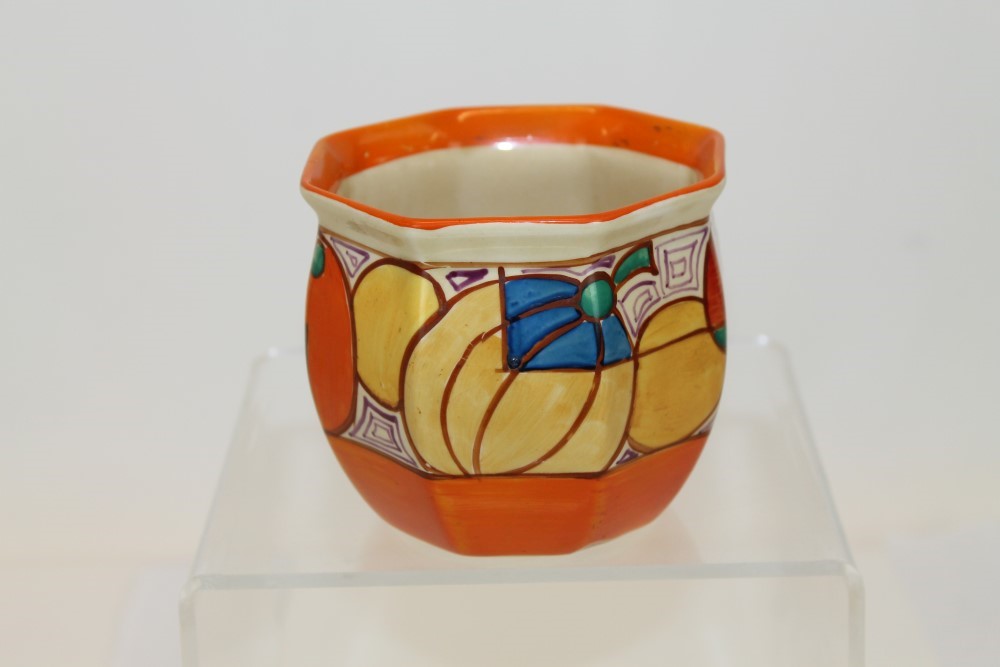 Clarice Cliff Fantasque octagonal vase with orange and lemon decoration,
