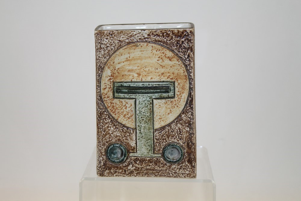 Troika rectangular vase with abstract decoration, marked A. B. to base, 17.