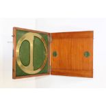 19th century lacquered brass circular protractor in a green felt-lined mahogany case with applied