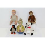 Soft toys - including Norah Welling penguin, mohair monkey with squeaker,