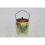 Clarice Cliff Bizarre Range hand-painted Delecia Citrus pattern biscuit barrel with plated mounts,