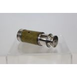 Single draw telescope or spyglass with silver plated body, striped cover and two-lens eyepiece,