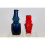 Bertil Vallien blue tinted art glass ewer and one other red glass vase (2)