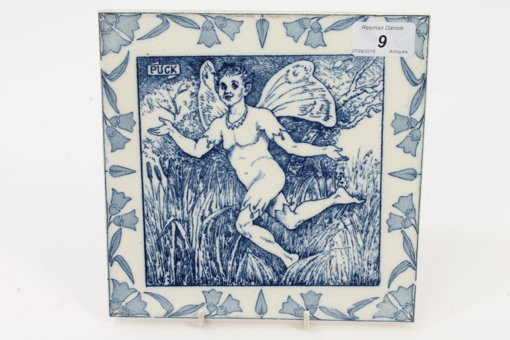 Victorian Wedgwood blue and white tile decorated with Midsummer Night's Dream 'Puck' fairy,