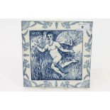 Victorian Wedgwood blue and white tile decorated with Midsummer Night's Dream 'Puck' fairy,