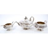 George IV silver three piece tea set - comprising teapot of panelled octagonal form,