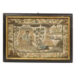 Fine Charles II stumpwork and silk embroidered picture depicting King Solomon receiving the Queen