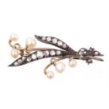 Victorian diamond and pearl spray brooch in the form of lily-of-the-valley,