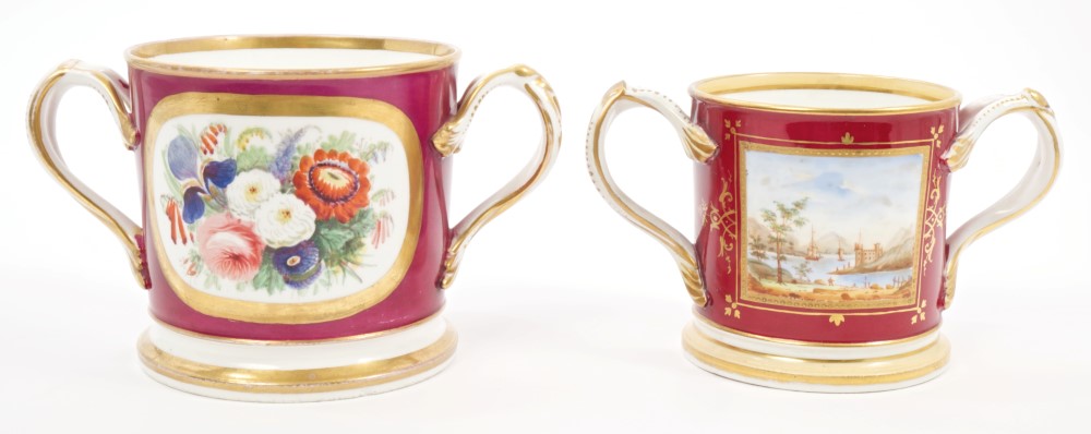 Two Victorian Coalport puce decorated loving cups,