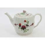 18th century Worcester Flash pattern teapot and cover of fluted barrel form, with floral knop,