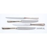 Seven contemporary silver table knives with diamond-section handles,