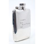 1920s silver spirit flask of shaped rectangular form, with bayonet fastening hinged cover,