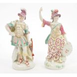 Pair mid-18th century Derby figures of Minerva and Mars with gilt scaled armour and polychrome