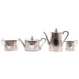 Fine quality Victorian four piece silver tea set - comprising teapot of oval drum form,