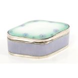 Continental silver and violet guilloche enamel box of diamond form,