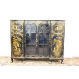 Regency-style blue lacquered and chinoiserie decorated cabinet of inverted breakfront outline,