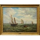 John Moore of Ipswich (1820 - 1902), oil on canvas - fishing boats and shipping off the East coast,