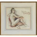 Follower of Sir Alfred Munnings, pencil and pastel sketch of a seated female nude,