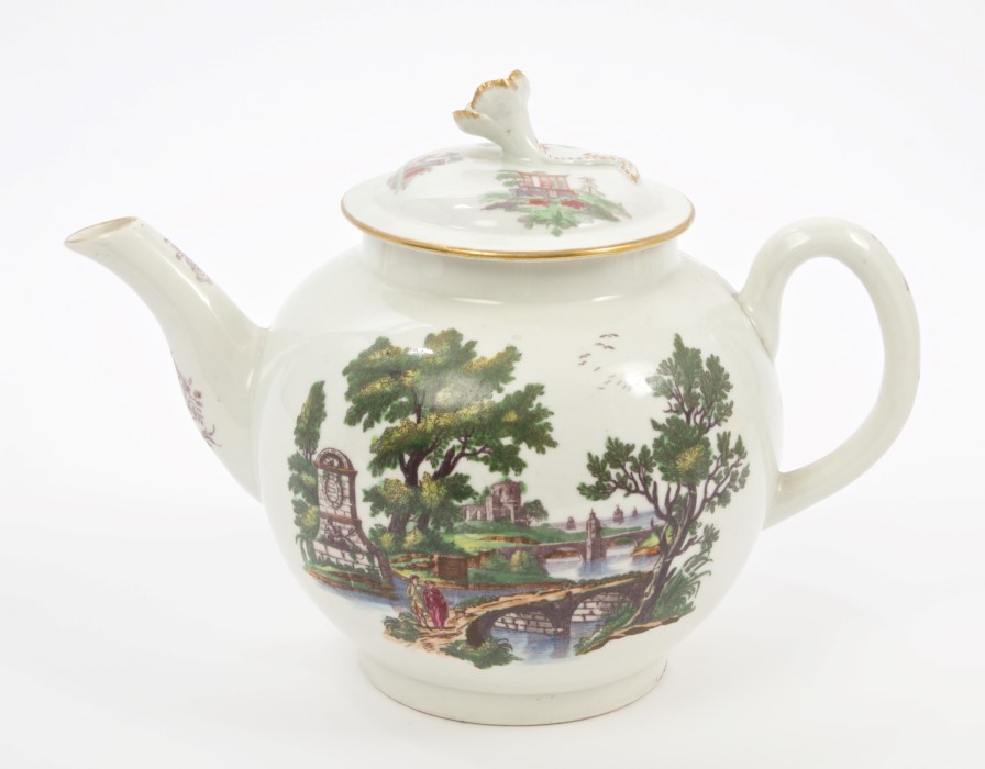 18th century Worcester Hancock printed and painted teapot and cover, circa 1765,