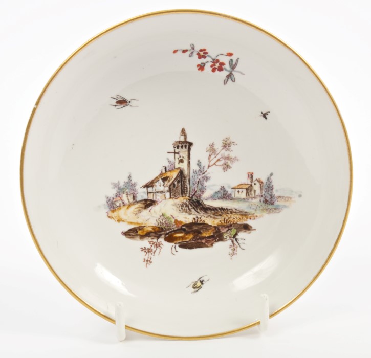 18th century Hochst porcelain saucer with painted landscape, circa 1770, 12.