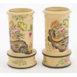 Pair early 19th century Spode cane ware cylindrical spill vases with polychrome painted