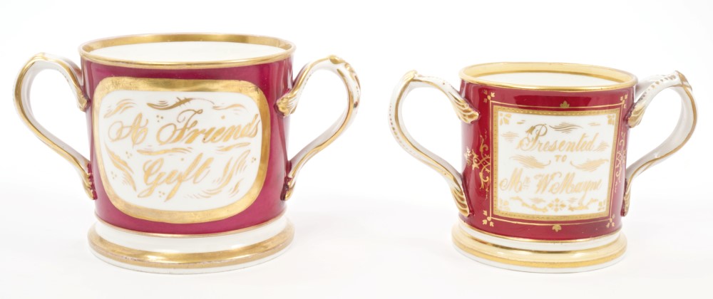 Two Victorian Coalport puce decorated loving cups, - Image 2 of 2