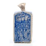 17th century Iranian Safavid blue and white pottery wine bottle of rectangular form,