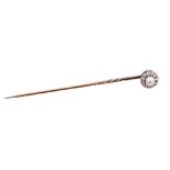 Victorian diamond and pearl stick pin, the central button-shape pearl measuring 3.