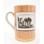 Unusual late 19th century Continental pottery mug printed in black with landscapes,