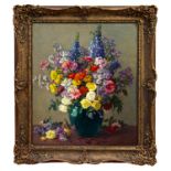 John Ernest Foster (1877 - 1965), large oil on canvas - still life of vibrant summer flowers,