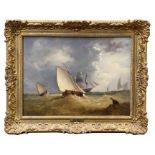 John Moore of Ipswich (1820 - 1902), oil on oak panel - Dutch fishing boats with shipping beyond,