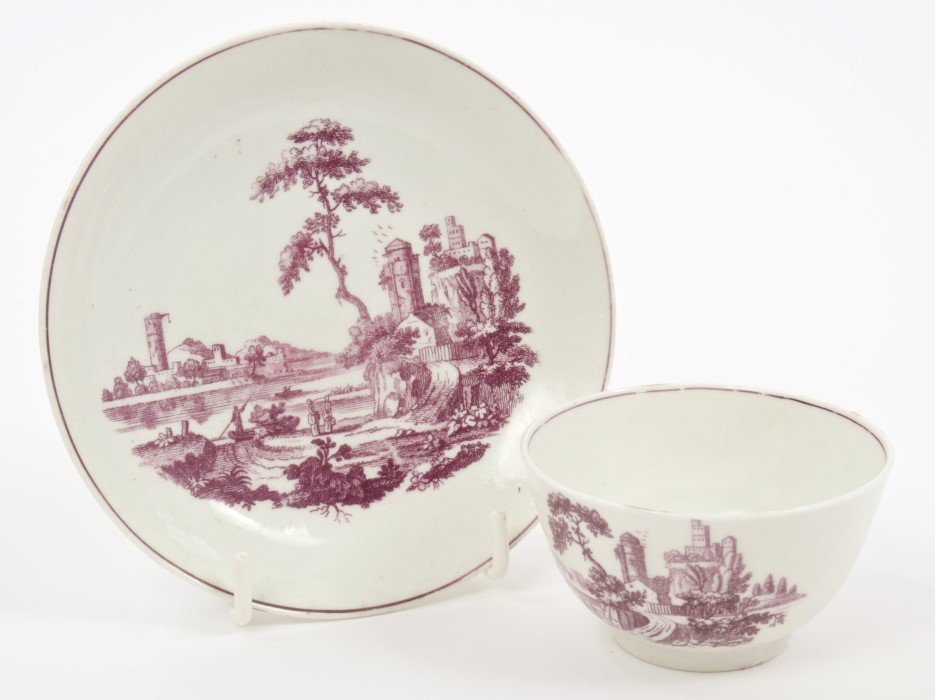 18th century Worcester Hancock purple printed tea bowl and saucer, circa 1765,