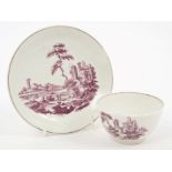 18th century Worcester Hancock purple printed tea bowl and saucer, circa 1765,