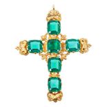 Large 19th century yellow metal and green stone cross pendant with six green paste stones in ornate