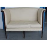 19th century mahogany framed twin-seater settee with high square back in scrolled reeded frame and